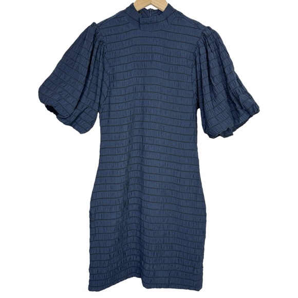 NWT Scotch & Soda Textured Smocked Navy Mini Dress With Voluminous Puff Sleeves - Picture 4 of 15